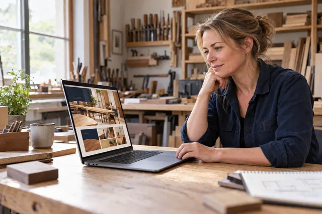 Unternehmerin betrachtet den Webauftritt ihres Betriebs am Laptop