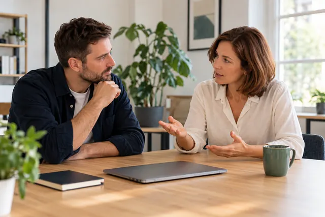 Kundin erklärt ihr Vorhaben, der Ansprechpartner hört aufmerksam zu